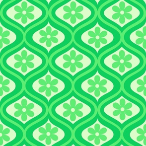 Lime Green Retro 70s flowers on ogee pattern 