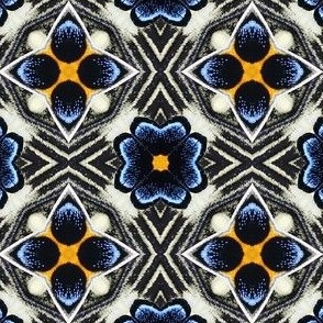 Butterfly Wing Kaleidoscope | Medium Scale Geometric Floral in Blue, Goldenrod, Black, and Cream