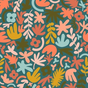 Mod Abstract Jungle Cutouts - Deep teal, olive, pink