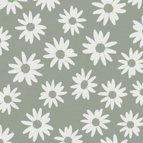 Daisies Tossed Reapeat Dark Sage BG white Flowers