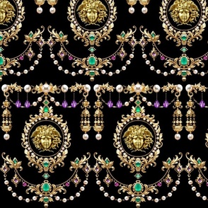 23 gold cherub angels  medusa head portrait gems jewels purple diamonds pearls emeralds baroque rococo festoon garland swags acanthus flowers floral amethyst leaves leaf green white swirls Victorian medallion roman greek neoclassical red carpet haute cout