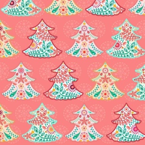 Yule Trees on Coral Pink - XL