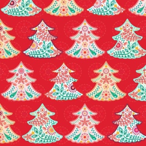 Yule Trees on Festive Red - XL