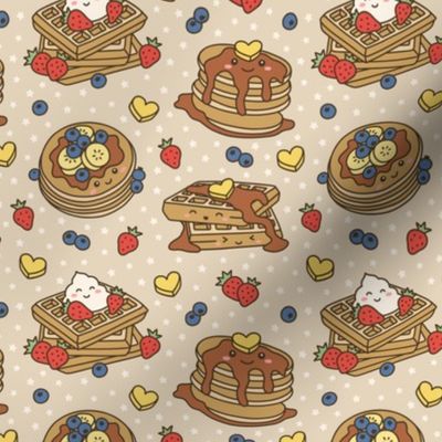 Kawaii Pancake & Waffles on Beige with Stars (Small Scale)