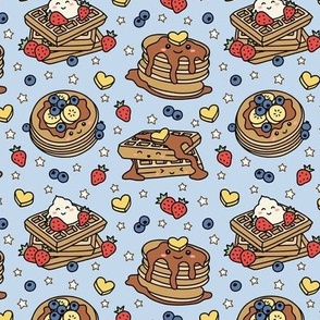 Kawaii Pancake & Waffles on Blue with Stars (Small Scale)