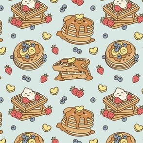 Kawaii Pancake & Waffles: Muted on Teal (Small Scale)