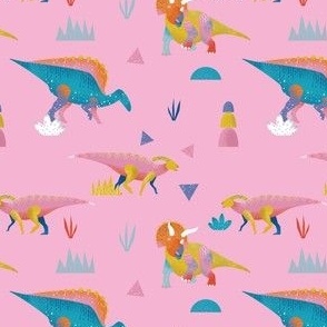 Colorful Vibrant Hand Drawn Dinosaur in Pink Background