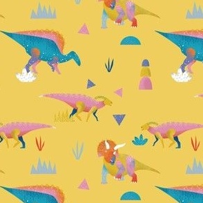 Colorful Vibrant Hand Drawn Dinosaur in Yellow Background