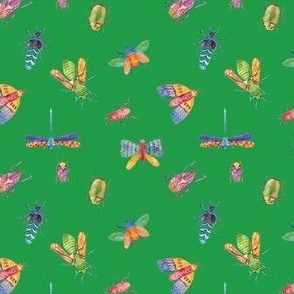 Colorful Vibrant Hand Drawn Insects in Green Background