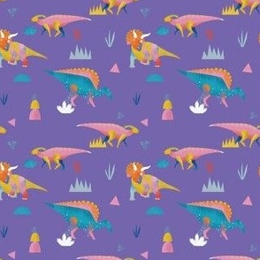 Colorful Vibrant Hand Drawn Dinosaur in Purple Background