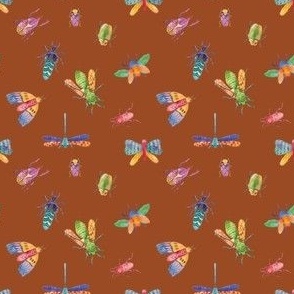 Colorful Vibrant Hand Drawn Insects in Brown Background