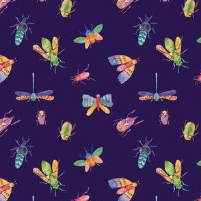Colorful Vibrant Hand Drawn Insects in Dark Purple Background