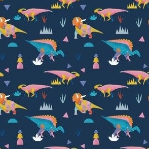 Colorful Vibrant Hand Drawn Dinosaur in Navy Blue Background