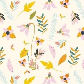 Vibrant Colorful Hand Drawn Floral and Botanical in Beige Background