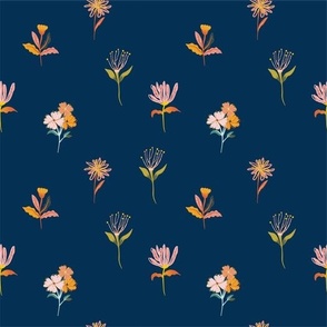 Vibrant Colorful Hand Drawn Floral and Botanical in Navy Blue Background