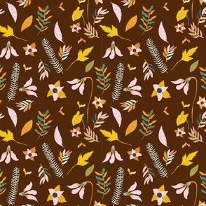 Vibrant Colorful Hand Drawn Floral and Botanical in Brown Background