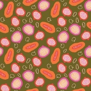 Vibrant Colorful Hand-Drawn Papaya and Dragon Fruit in Olive Green Background