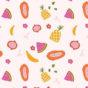 Vibrant Colorful Hand-Drawn Tropical Summer Fruit in Blush Pink Background