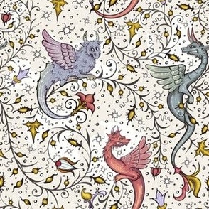 Medieval Illuminated Manuscript Dragons on White