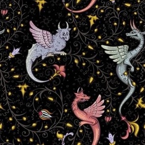 Medieval Illuminated Manuscript Dragons on Black