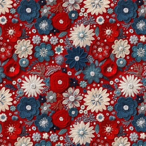 Patriotic Felt Floral Embroidery Red White Blue Rotated - Large Scale