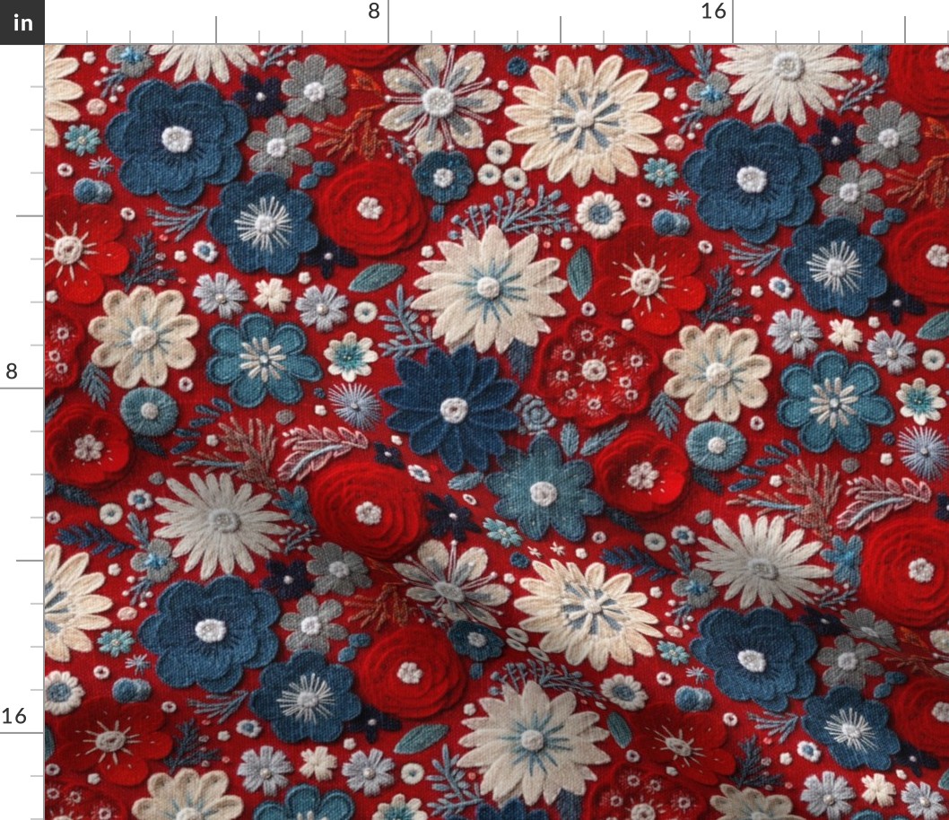 Patriotic Felt Floral Embroidery Red White Blue Rotated - Large Scale