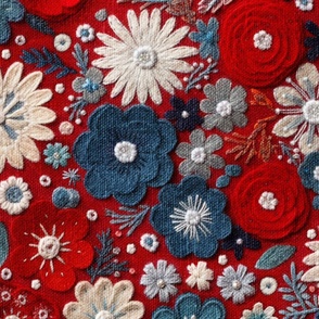 Patriotic Felt Floral Embroidery Red White Blue Rotated - XL Scale