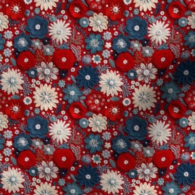Patriotic Felt Floral Embroidery Red White Blue - XS Scale