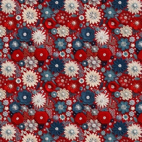 Patriotic Felt Floral Embroidery Red White Blue - Medium Scale