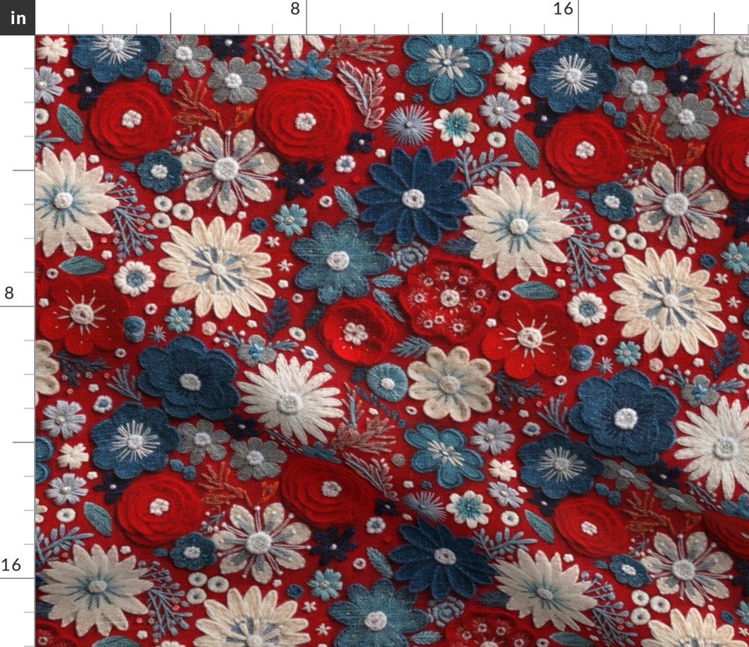 Patriotic Felt Floral Embroidery Red White Blue - Large Scale