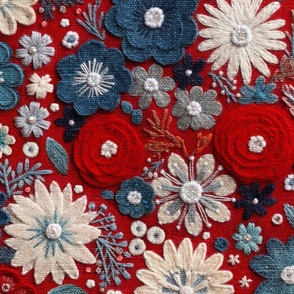Patriotic Felt Floral Embroidery Red White Blue - XL Scale