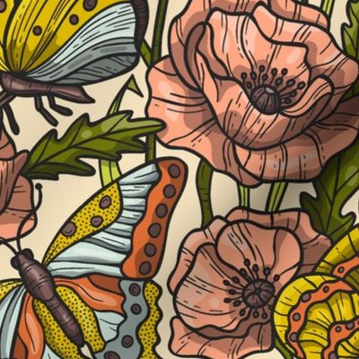 Hand Drawn Butterflies and Flowers / Modern Mid Century Version / Large Scale or Wallpaper