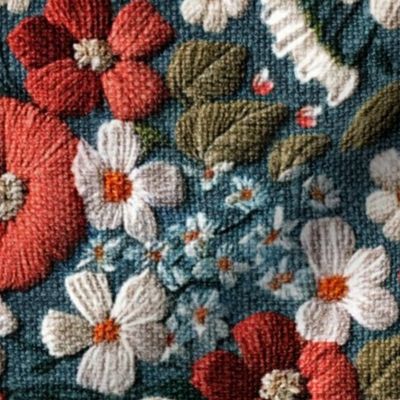Embroidered Red White Blue Floral Rotated -XL Scale
