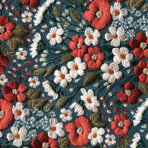 Embroidered Red White Blue Floral Rotated -XL Scale