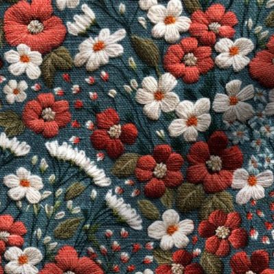 Embroidered Red White Blue Floral - Large Scale