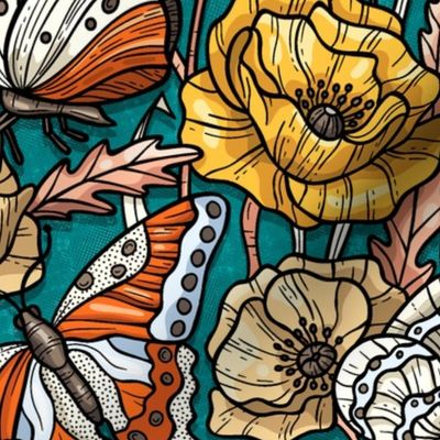 Hand Drawn Butterflies and Flowers / Dark Green Version / Large Scale or Wallpaper