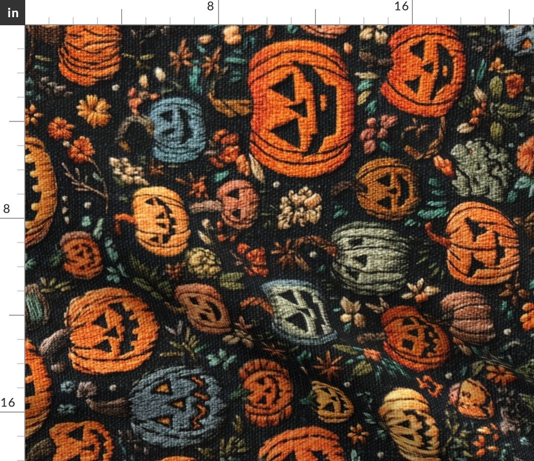 Spooky Embroidered Jack O Lanterns Rotated - XL Scale 