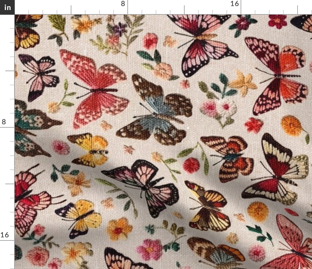 Embroidered Butterflies and Flowers Rotated - XL Scale