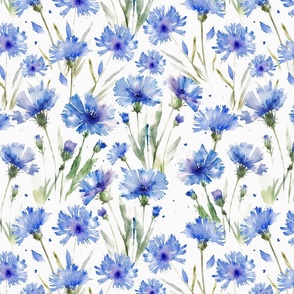 14" A beautiful cute midsummer flower garden with blue cornflowers on white background-  blossoms and green leaves and splashes for home decor Baby Girl  and  nursery fabric perfect for kidsroom wallpaper,kids room