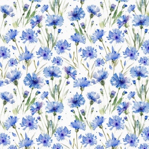 10" A beautiful cute midsummer flower garden with blue cornflowers on white background-  blossoms and green leaves and splashes for home decor Baby Girl  and  nursery fabric perfect for kidsroom wallpaper,kids room