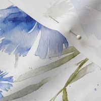 Turned left 18" A beautiful cute midsummer flower garden with blue cornflowers on white background-  blossoms and green leaves and splashes for home decor Baby Girl  and  nursery fabric perfect for kidsroom wallpaper,kids room