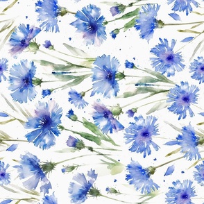 Turned left 18" A beautiful cute midsummer flower garden with blue cornflowers on white background-  blossoms and green leaves and splashes for home decor Baby Girl  and  nursery fabric perfect for kidsroom wallpaper,kids room
