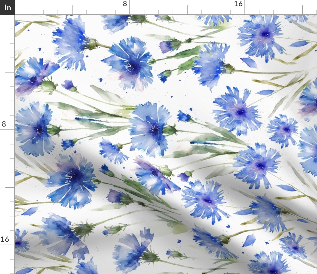 Turned left 18" A beautiful cute midsummer flower garden with blue cornflowers on white background-  blossoms and green leaves and splashes for home decor Baby Girl  and  nursery fabric perfect for kidsroom wallpaper,kids room