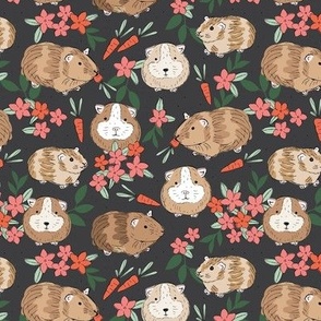 Sweet guinea pig garden - cute pets with summer blossom flowers and carrots caramel coral pink on charcoal