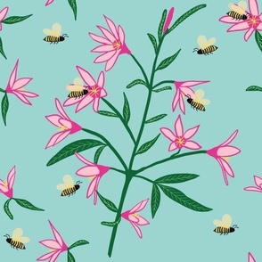 Medium - Pink Flowers with Yellow Bees on Arctic Blue