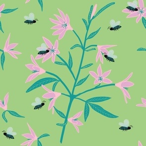 Medium - Pale Pink Flowers with Aqua Bees on Sage Green