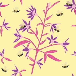 Medium - Purple and Pink Flowers with Yellow Bees on Cornsilk Yellow