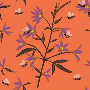 Medium - Purple Flowers with Orange Bees on Tangerine Orange