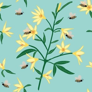 Medium - Yellow Flowers with Yellow Bees on Arctic Blue