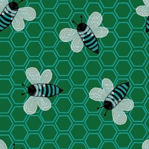 Large - Busy Aqua Bees with Aqua Honeycomb on Emerald Green